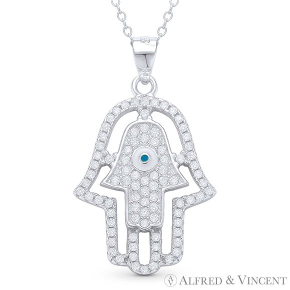 Hamsa Hand Luck Charm CZ Crystal Pave Pendant in .925 Sterling Silver w/ Rhodium - Picture 1 of 1